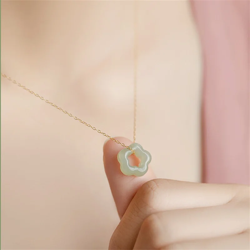 Trendy 925 Sterling Silver Chain Clavicle Necklace Female Jewelry Cute Jade Flower Pendant Women Sweet Necklace Birthday Gift