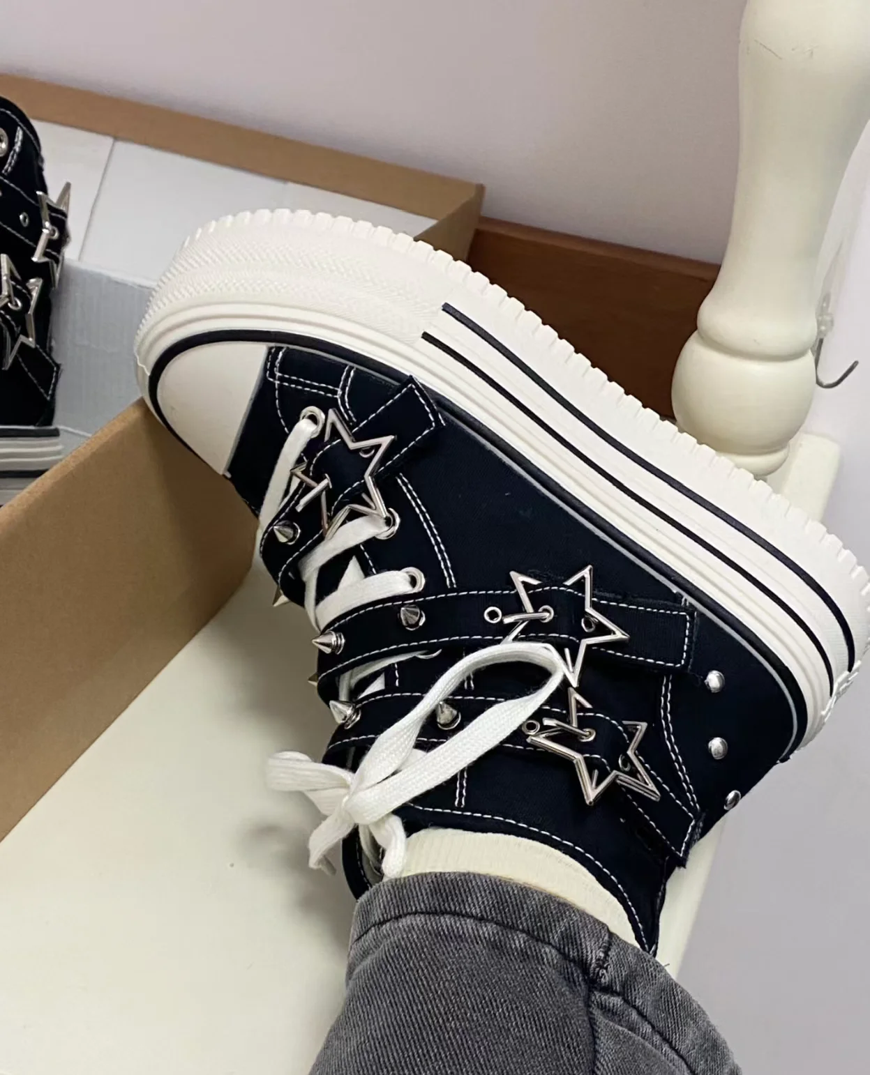 2026 New Fashion Women Canvas Ankle Boots Pink Female Sneaker High Top Black Thick Sole 5Cm Casual Shoes Rivet Buckle Spring image 4