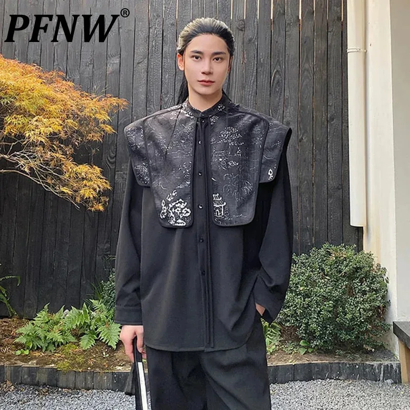 PFNW Shirt Spring Summer New Chinese Style Fake Two Pieces Stand Neck Long Sleeve Men\'s Clothing Casual Shawl Fashion 9C5361