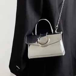 2024 Stylish Moon Lock PU Leather Crossbody Bags Fashionable Women's Black Sling Shoulder Bag Portable Silver Chain Handbags