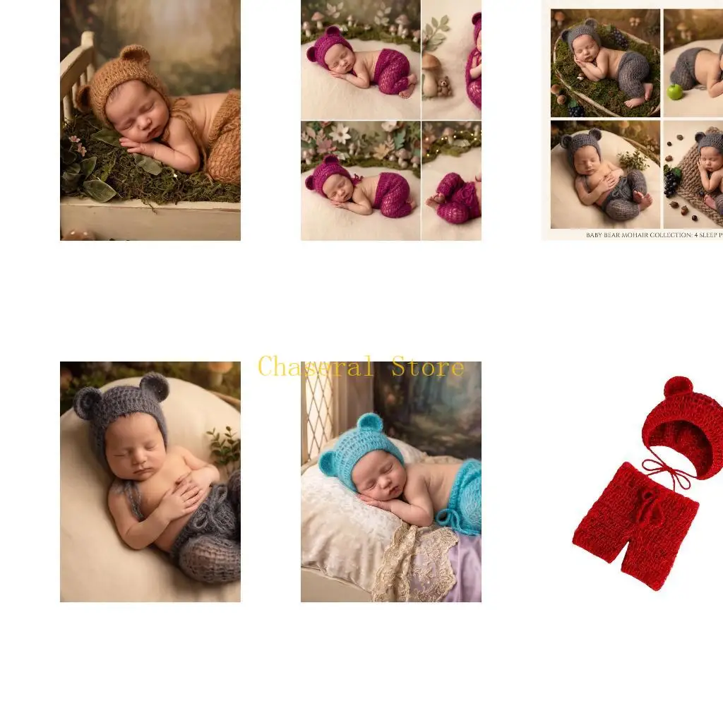 E7CE 2pcs Mohair Bear-Ear Outfit Set for Textured Newborn Photo Styling