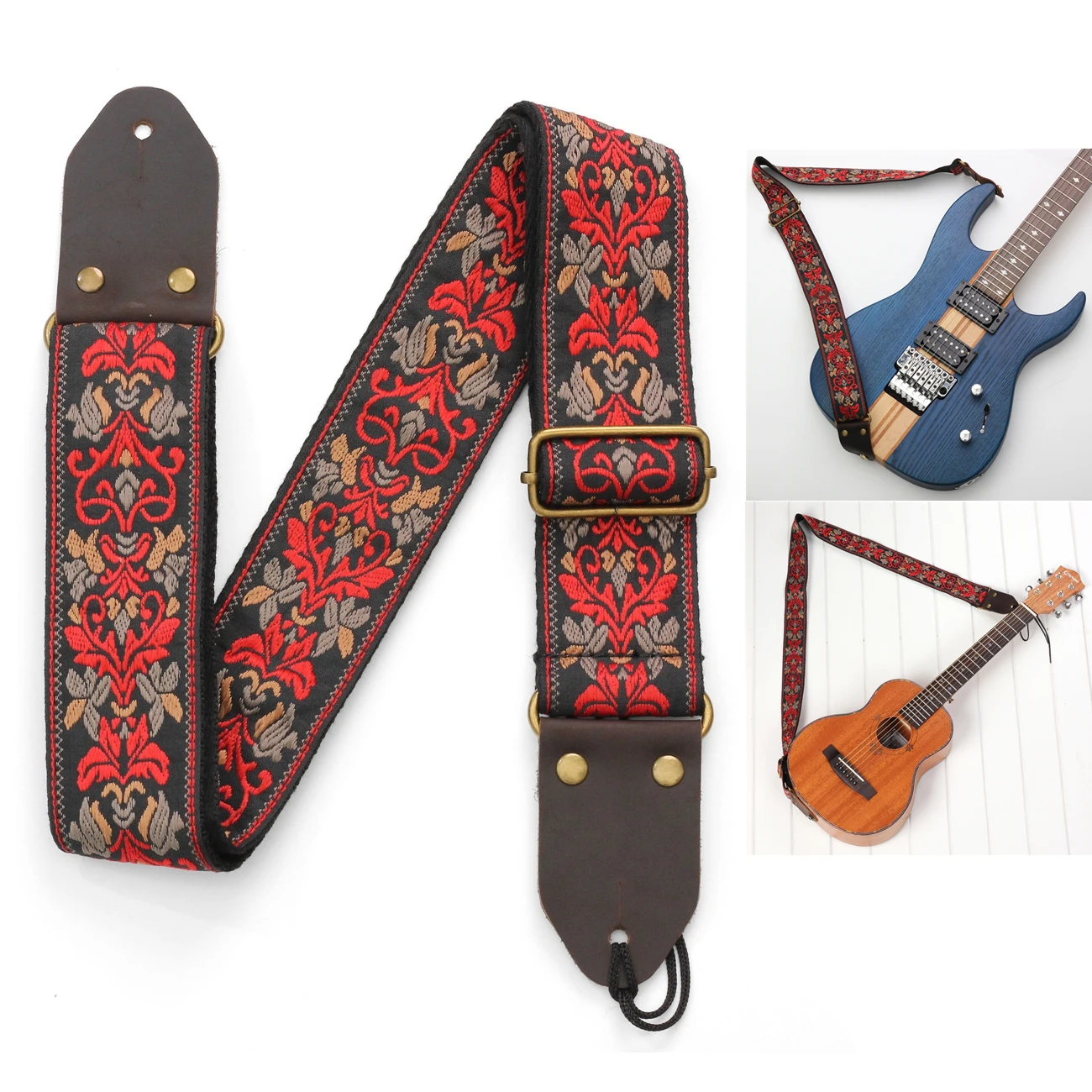 Vintage Flower Guitar Strap Genuine Leather Bohemia Style Woven Embroidery Fabric Electric Acoustic Guitar Bass Strap Belt