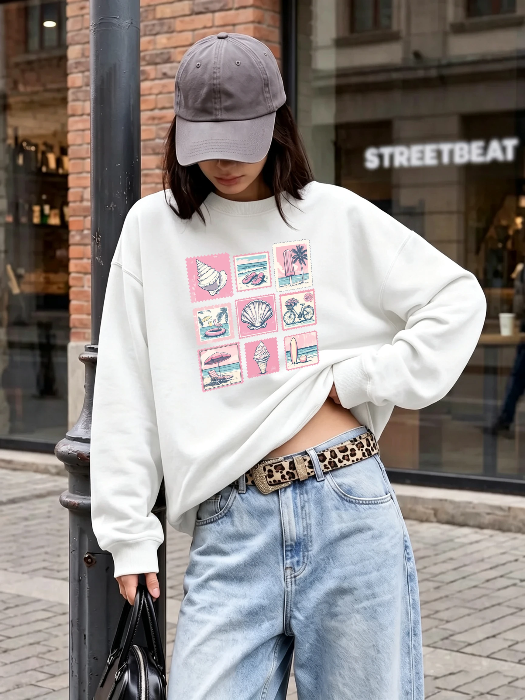 Vintage Shell Beach Stempelprint Damen Pullover Lockerer Fleece-Sweatshirt Herbst Y2K Kleidung Rundhals Jogging Sportbekleidung – Detail 17