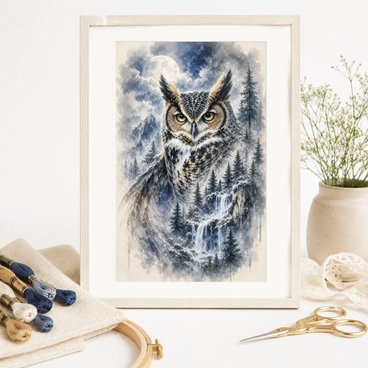 [ZZ9190-Moonlit Night Forest Owl]14CT 11CT 16CT Stamped Cross Stitch Kit DIY Embroidery Needlework Set with Printed Canvas