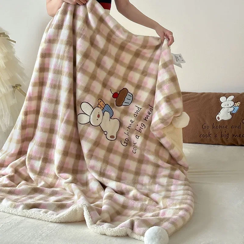 Cute Patch Embroidered Woolen Blanket Cartoon Printed Sofa Casual Blanket with Fur Balls Warm Air Conditioning Quilt for Single