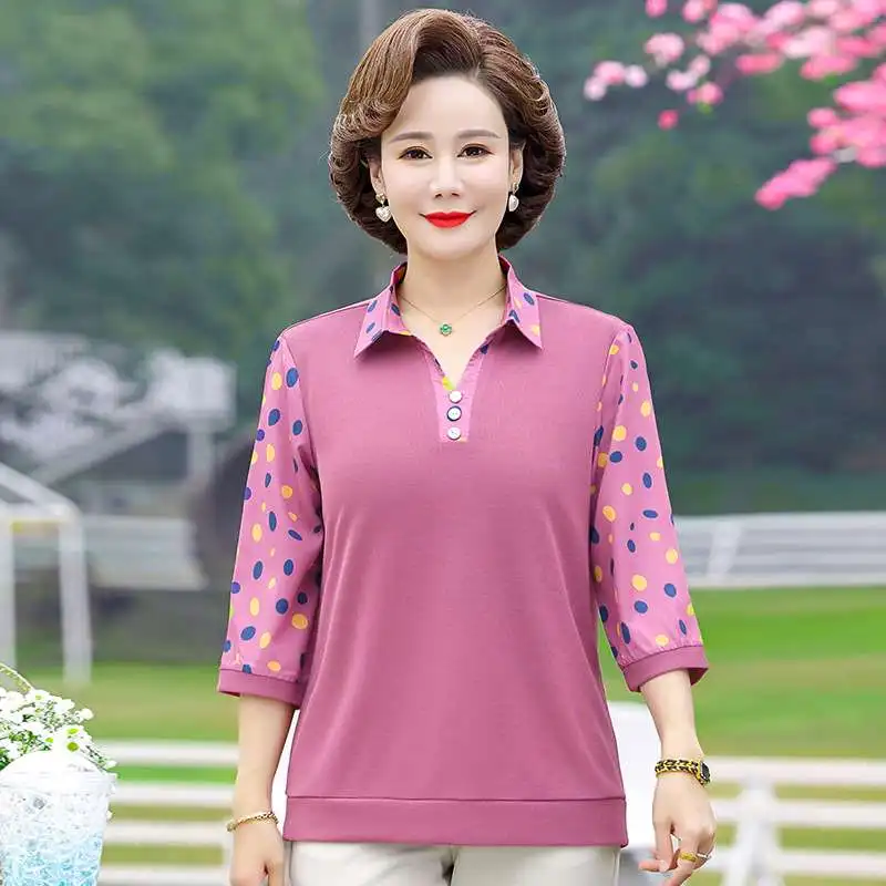 

Spring Summer Faion irt for Middle-aged Women Mom's T-irt Polyester Fiber Thin Sle Casual Comfortable Women's Clothing