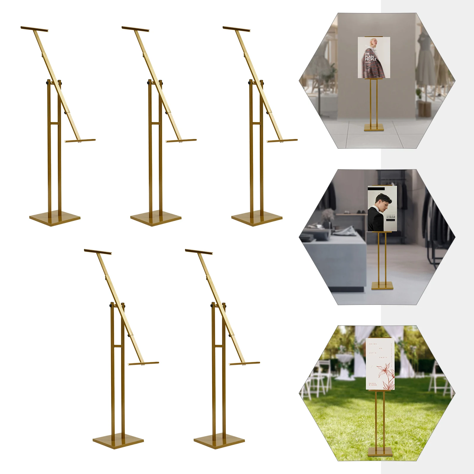 Golden Iron 130-150cm Adjustable Advertising Stand 5-piece Suit Display Stand 360-degree Rotating Floor Poster Stand