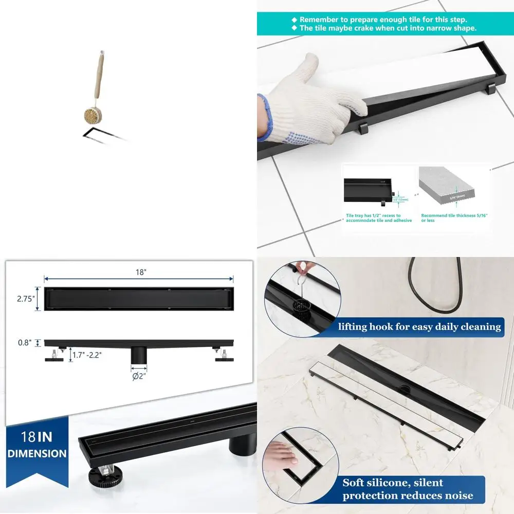 

18 Linear Shower Drain with Tile Insert, Matte Black 304 Stainless Steel, Rectangular Floor Drain with Leveling Feet and Hair St