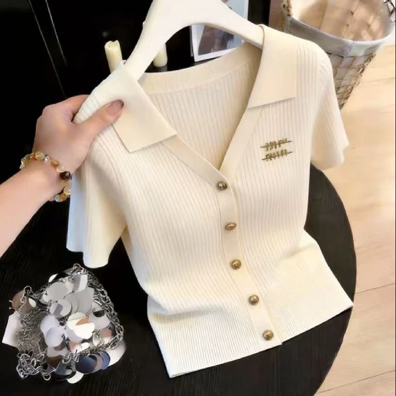 

Dalong High-End European Style Sweater Unique Flip Collar No Pilling Summer 2026 Women's Fashion Knitted V-neck Short Sleeve