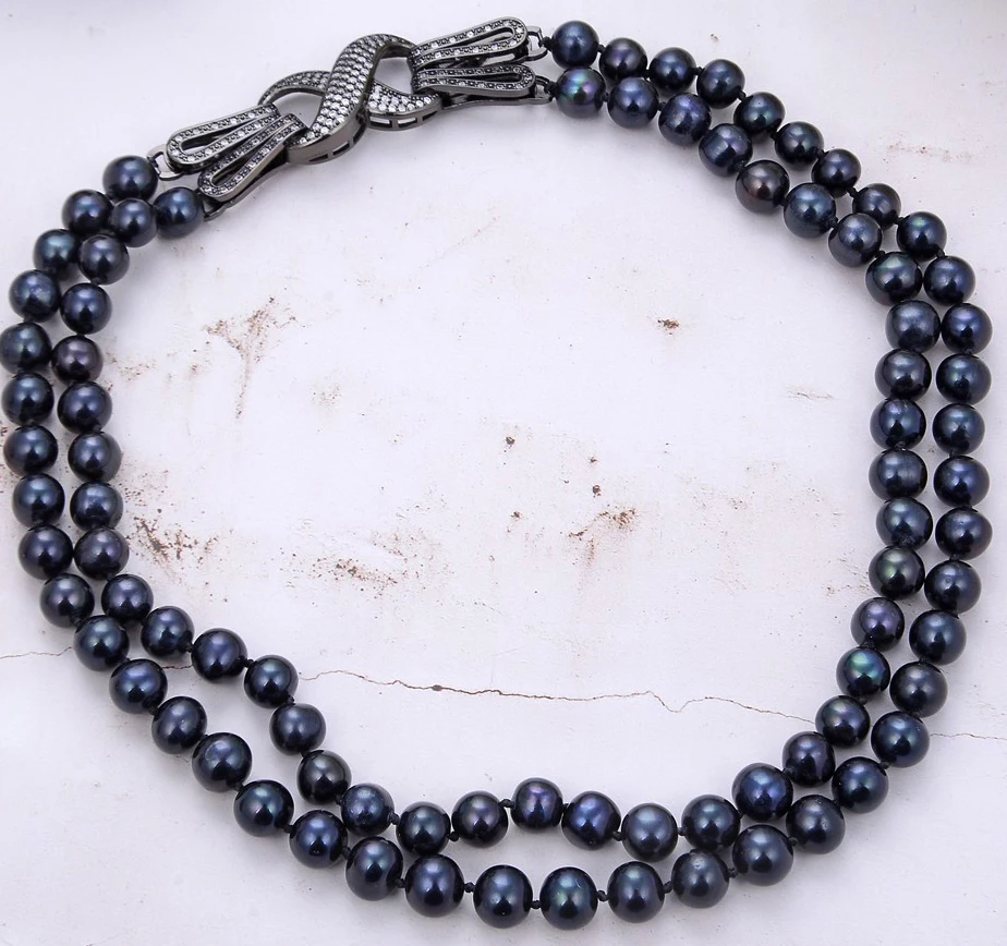 

HABITOO 2 Strands 9-10mm AA Black Round Pearl Necklace CZ Clasp Jewelry Chains Necklace for Woman Choker Chain
