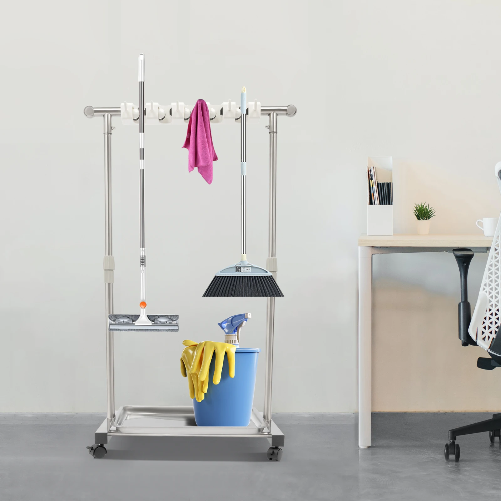 

Silver Cleaning Supplies Organizer,Stainless Steel Broom and Mop Holder 6 Hooks Adjustable Height 67*41cm for Storing Mops