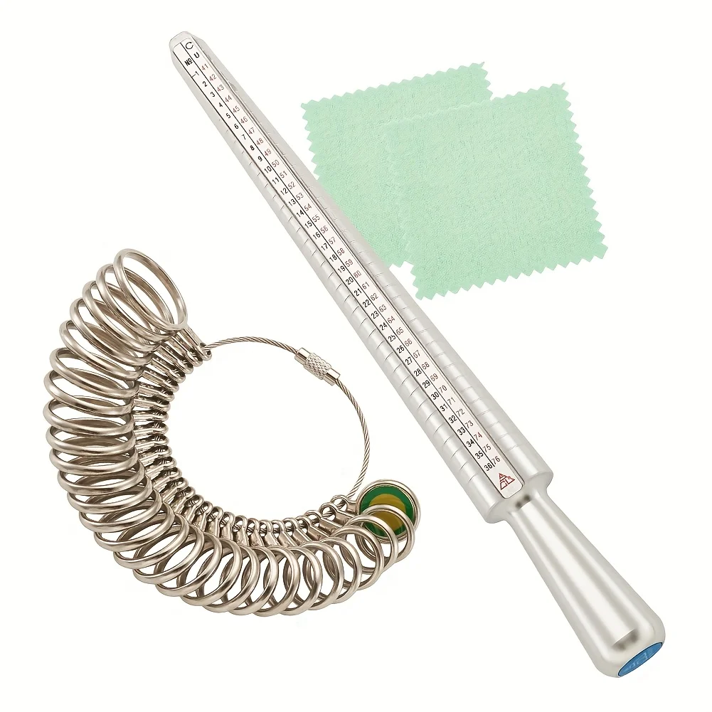 5Pcs Jewelry Ring Sizer Mandrel Set with Finger Gauge, Rubber Hammer & Polishing Cloth Stick 250x25mm for Ring Size 11-22 US