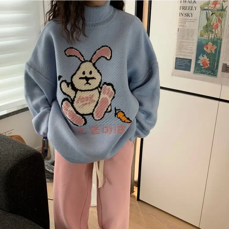 

Cartoon childlike girl turtleneck sweater autumn and winter new thickened loose versatile mid-length sweater jacket y2k clothes