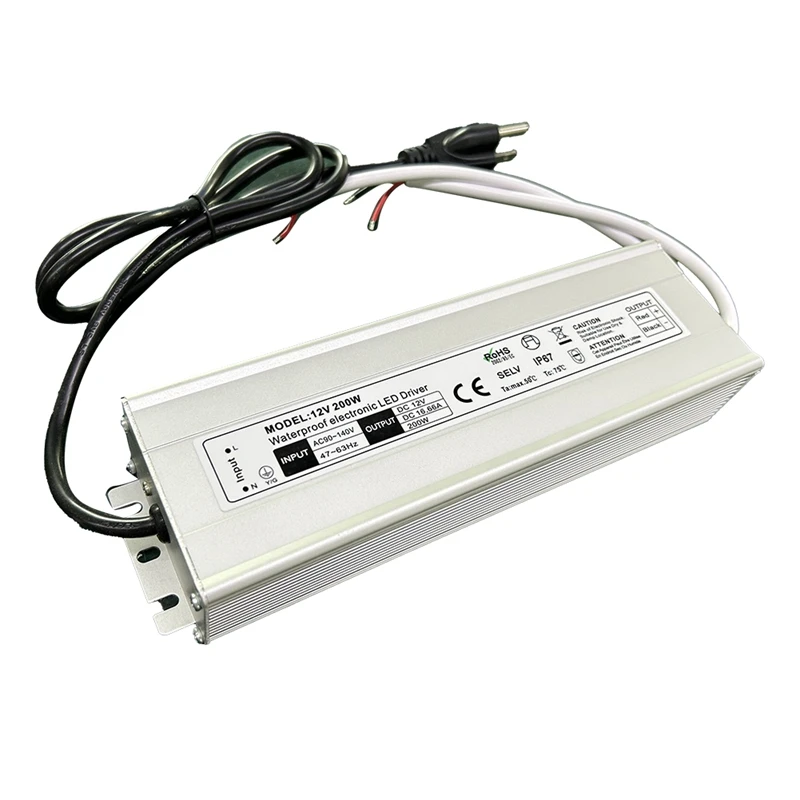 LED Driver 200W Waterproof IP67 Power Supply Transformer Adapter 90V-140V AC To 12V DC Low Voltage Output,US Plug