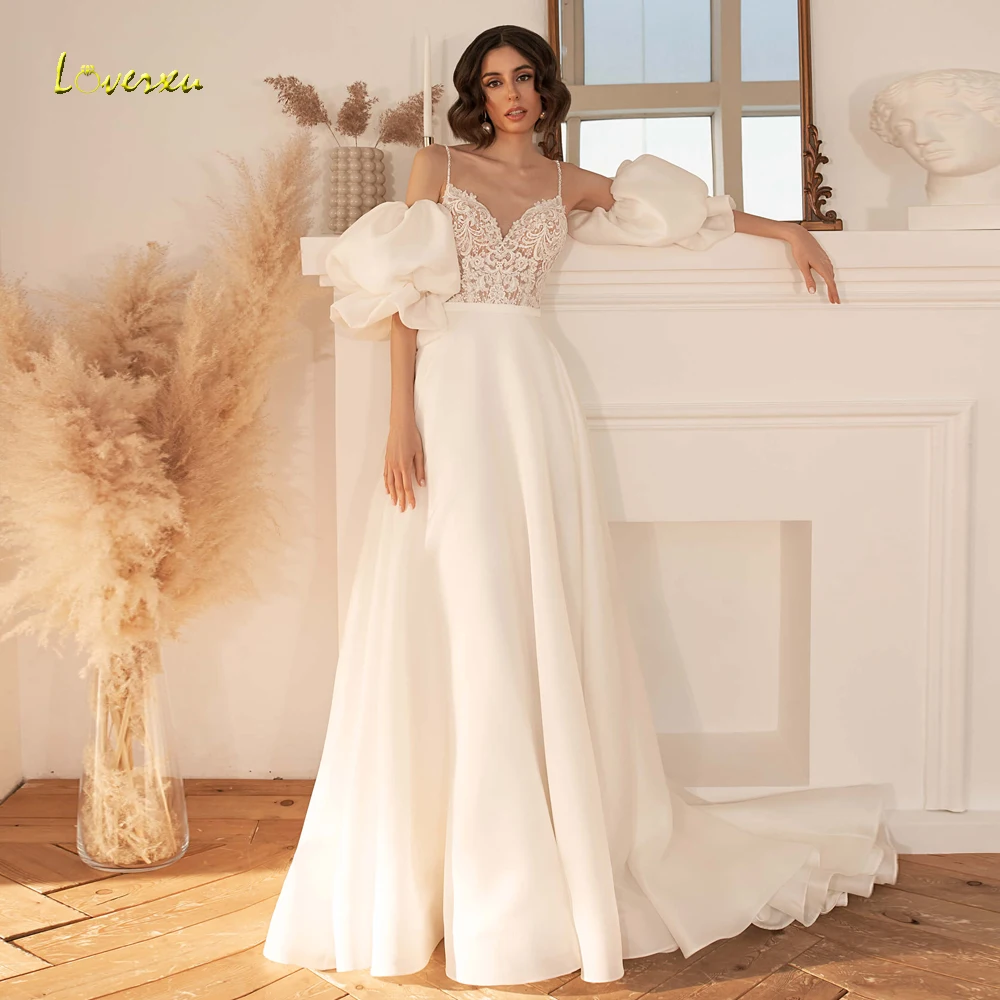 

Loverxu A-Line Chic Wedding Dresses 2024 Sweetheart Detachable Lantern Sleeve Vestido De Novia Appliques Tulle Robe De Mariee