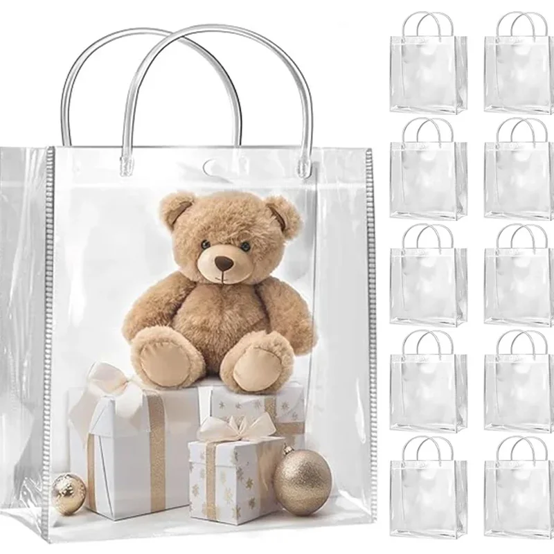 10PCS Durable Large Transparent PVC Tote Bags Reusable Handle Transparent Gift Bag or Wedding Party Supplies Portable