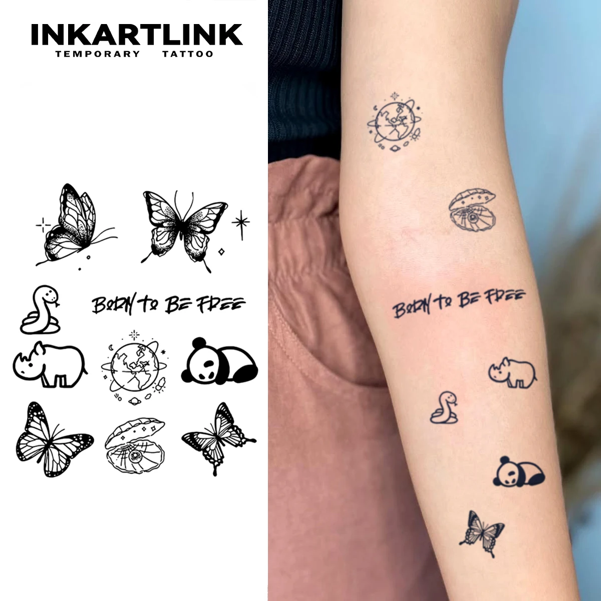INKARTLINK Animal Planet Tattoo-Patch-Set, 1–2 Wochen, langlebig, „BORN TO BE FREE“, Thema, wasserfestes temporäres Tattoo