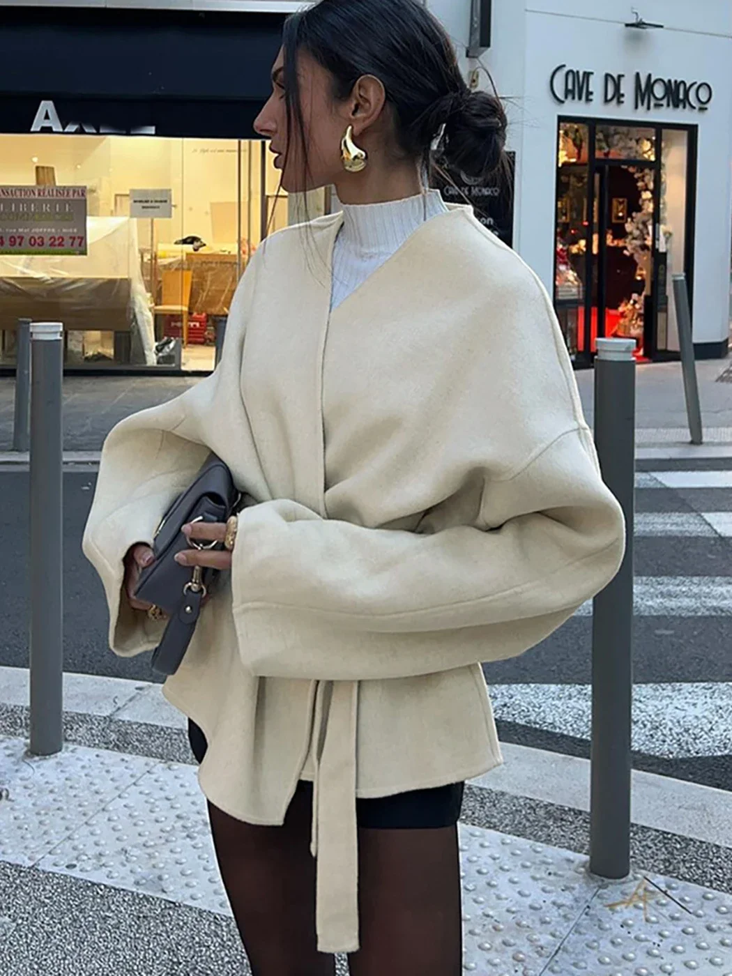 Elegante Wolljacke mit Gürtel und Schnürung für Damen, Herbstmode, Langarm, Kurze Jacke, 2025 Neue Damen-Streetwear-Oberbekleidung – Detail 12