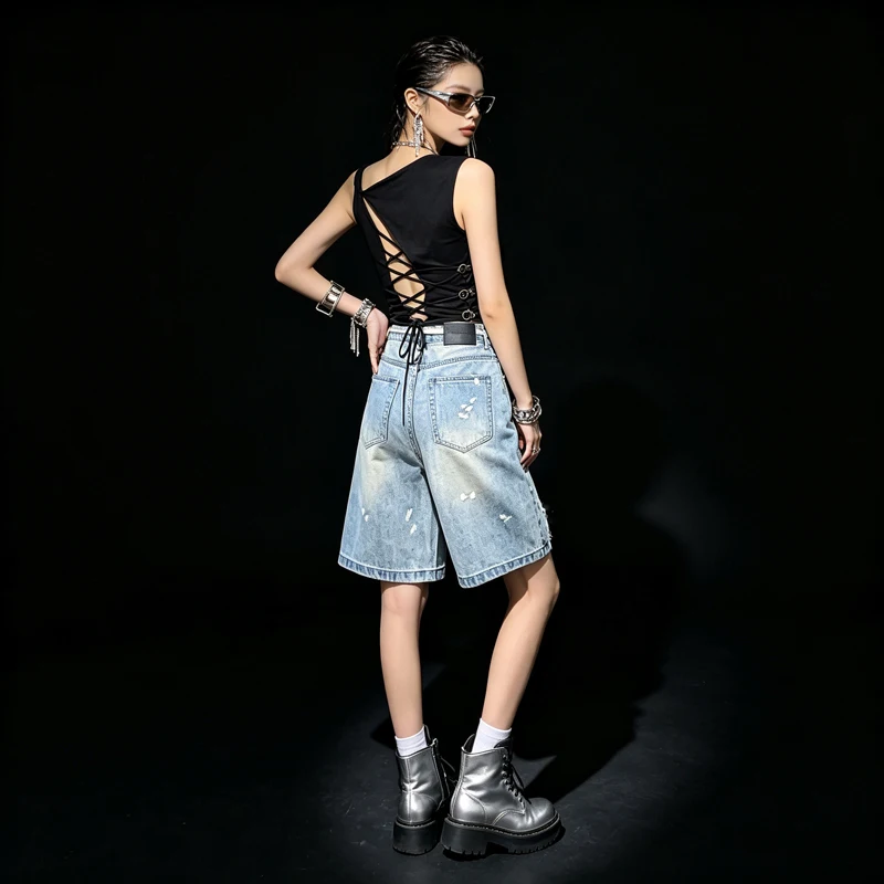 2026 Summer High Waist Loose Five Points Distressed Ripped Denim Shorts Women Bleach Stripe Drawstring Street Pants view 4