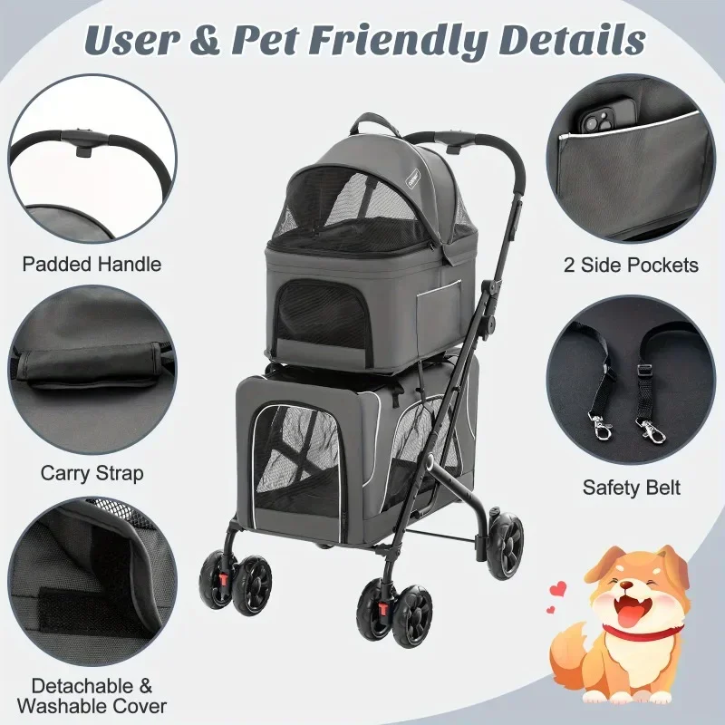 Double Pet Stroller with Detachable Carriers - Ideal for 2 Dogs or Cats - Compact & Convenient Design - Easy Assembly