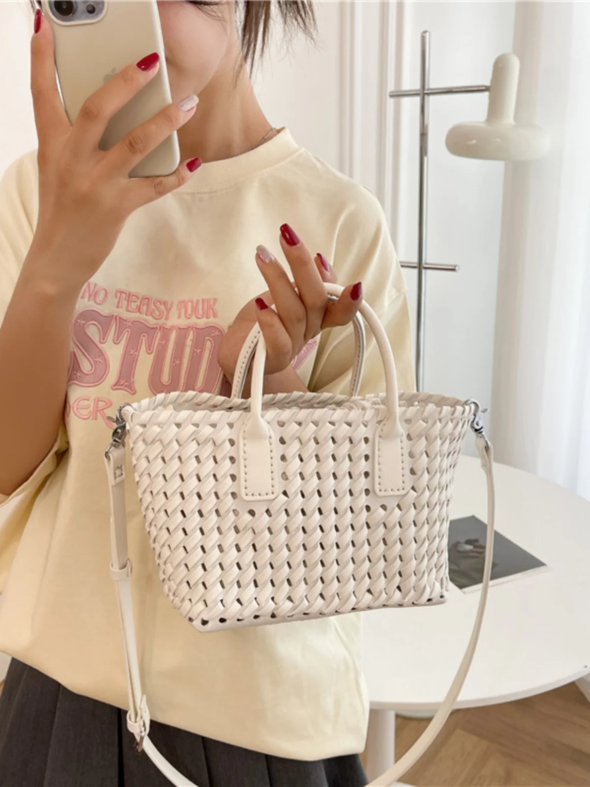 

Large Capaci Handwoven DIY Basket Bag Handbag Crossbody oulder Bag Trendy Commuter PU Leather Zipper Closure Pure Color
