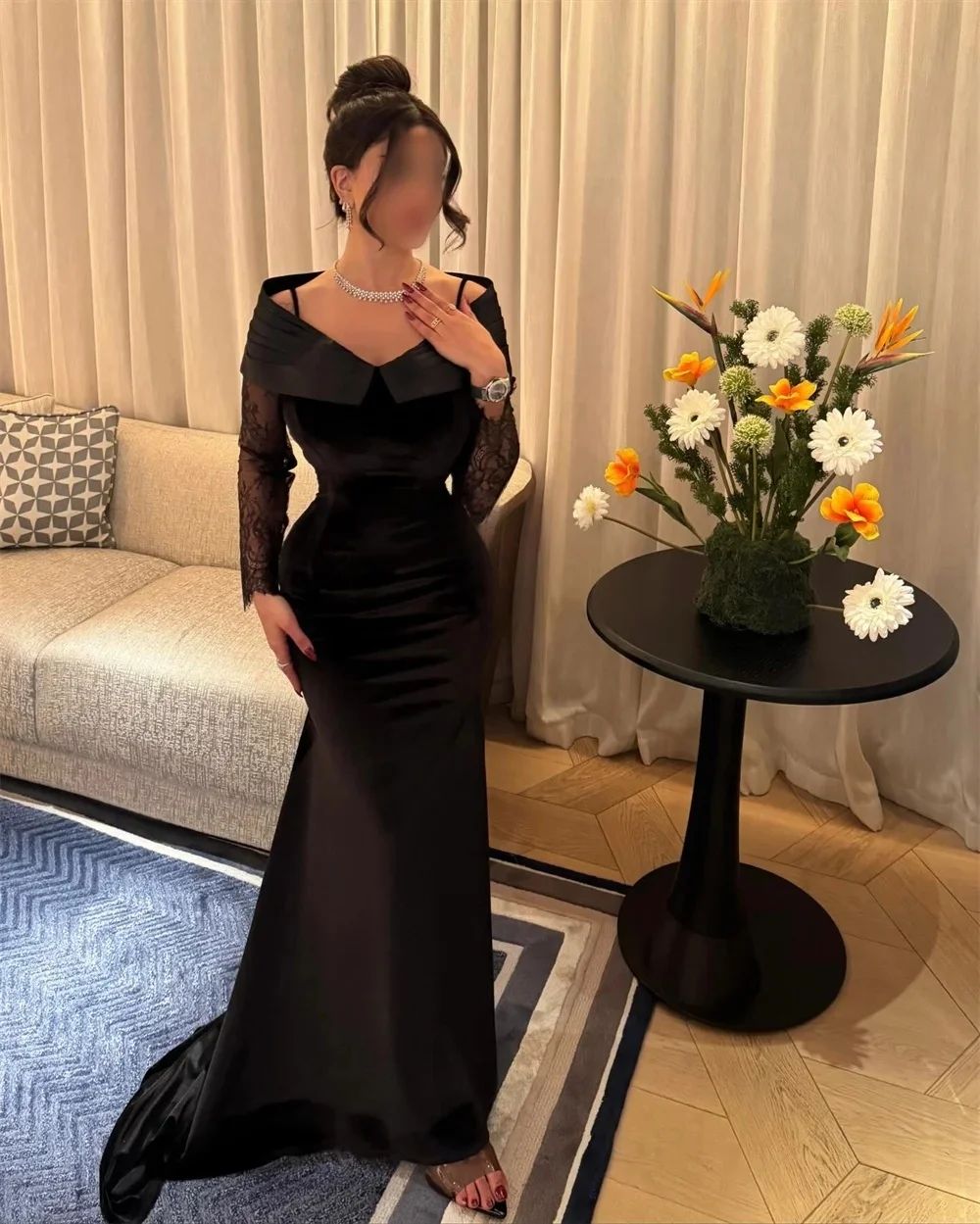 

Black Lace Long Sleeves Bespoke Occasion Gown Evening Dresses Pastrol Unisex Jersey Retro Dubai Saudi Arabic Prom Customized