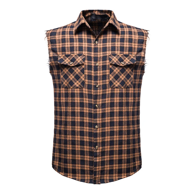 Summer Casual Flannel Plaid Shirt Men Cotton Plus Size Sleeveless Double Pocket Beach Party Sleeveless Shirt Vest Checkered Top