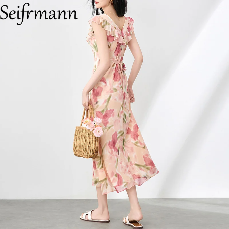 Seifrmann Abito lungo da donna alla moda con stampa floreale senza maniche con bordo a balze Splicing Abiti da ballo casual a vita alta