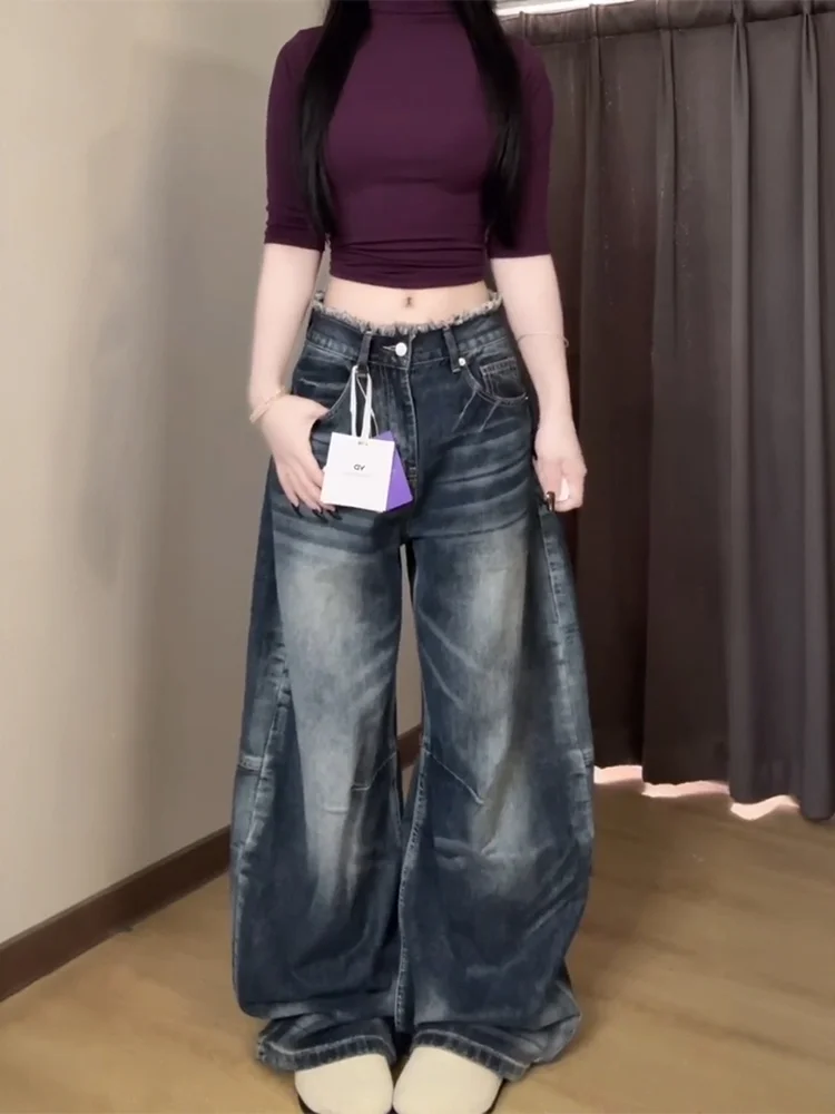 

Retro Large Size High Waist Wide Leg Jeans Women's Loose Slimming Casual Washed Blue Denim Pants Summer New Style Korean Style