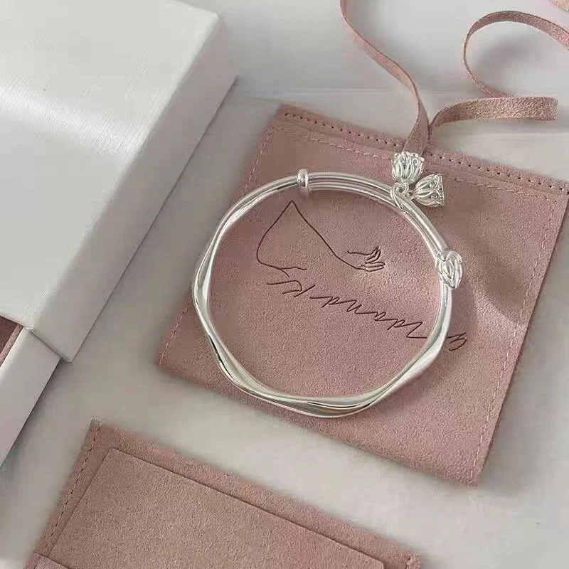 Polished Twisted Mobius S999 Sterling Silver Bracelet For Women Lotus Flower Charm Adjustable Silver Bangle 5