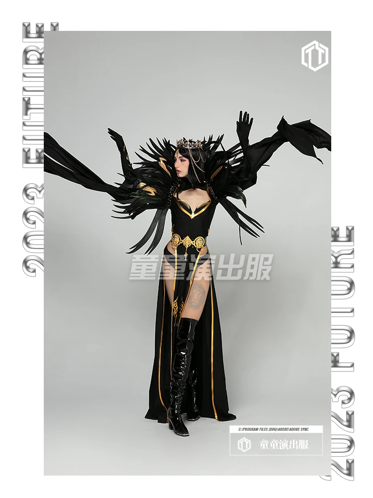 Dark Angel Dance Beauty Opening Gogo Performance Dress Female Feather Black Bar Show Party Lead Costume