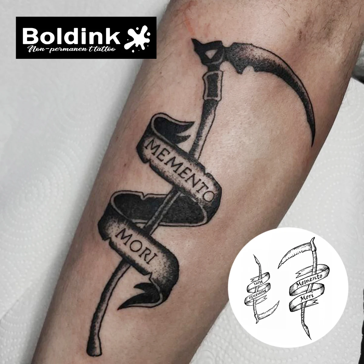 Boldink Memento Mori Scythe Design Temporary Tattoo,Lasts To 15 Days New Technology Magic Waterproof Semi Permanent Sticker.