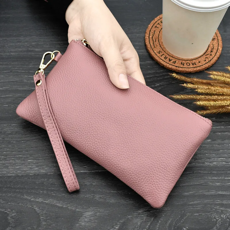 Real Cow Genuine Leather Wallet Women Mini Handbag Purse Card ID Phone Holder Zipper Clutch Evening Bags Small Wristlet Wallets