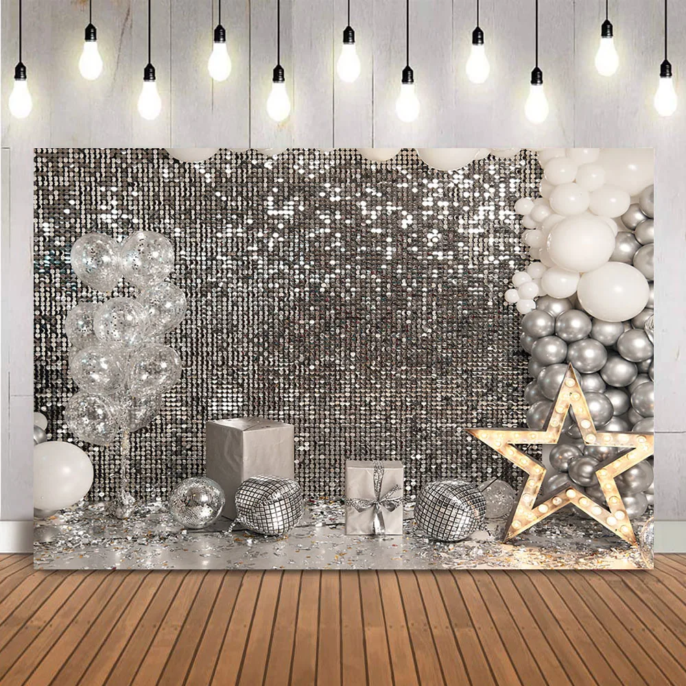 Joyeux anniversaire Backdrop Hip Hop Sliver Glitter Birthday Party Decoration Background Newborn Kids Cake Samsh Photoshoot Prop