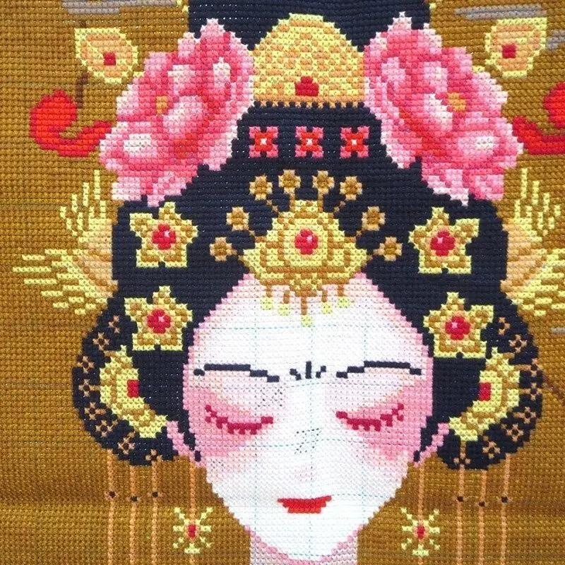 Handmade cross stitch finished Huadan Peking Opera facial makeup full embroidery new living room small modern Chinese China-Chic