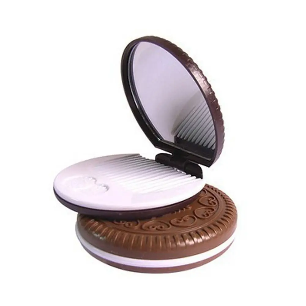 Ensemble de mini miroir de poche 2 en 1, peigne pliant, miroir de maquillage, ensemble de peignes, portable, mignon, chocolat, biscuit en forme