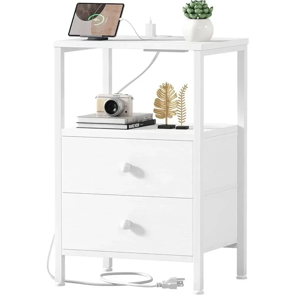 

%a White Night Stand with Charging Station and USB Ports, Small Nightstand with Drawers and Shelf Storage End Table for Bed