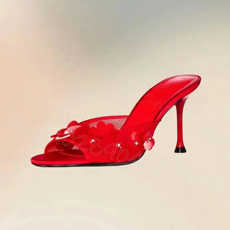

Red Plastic Flower Design Open Toe Slippers Slip On Women Shoes Thin High Heels Party Banquet Dating 2025 Zapatos Para Mujere