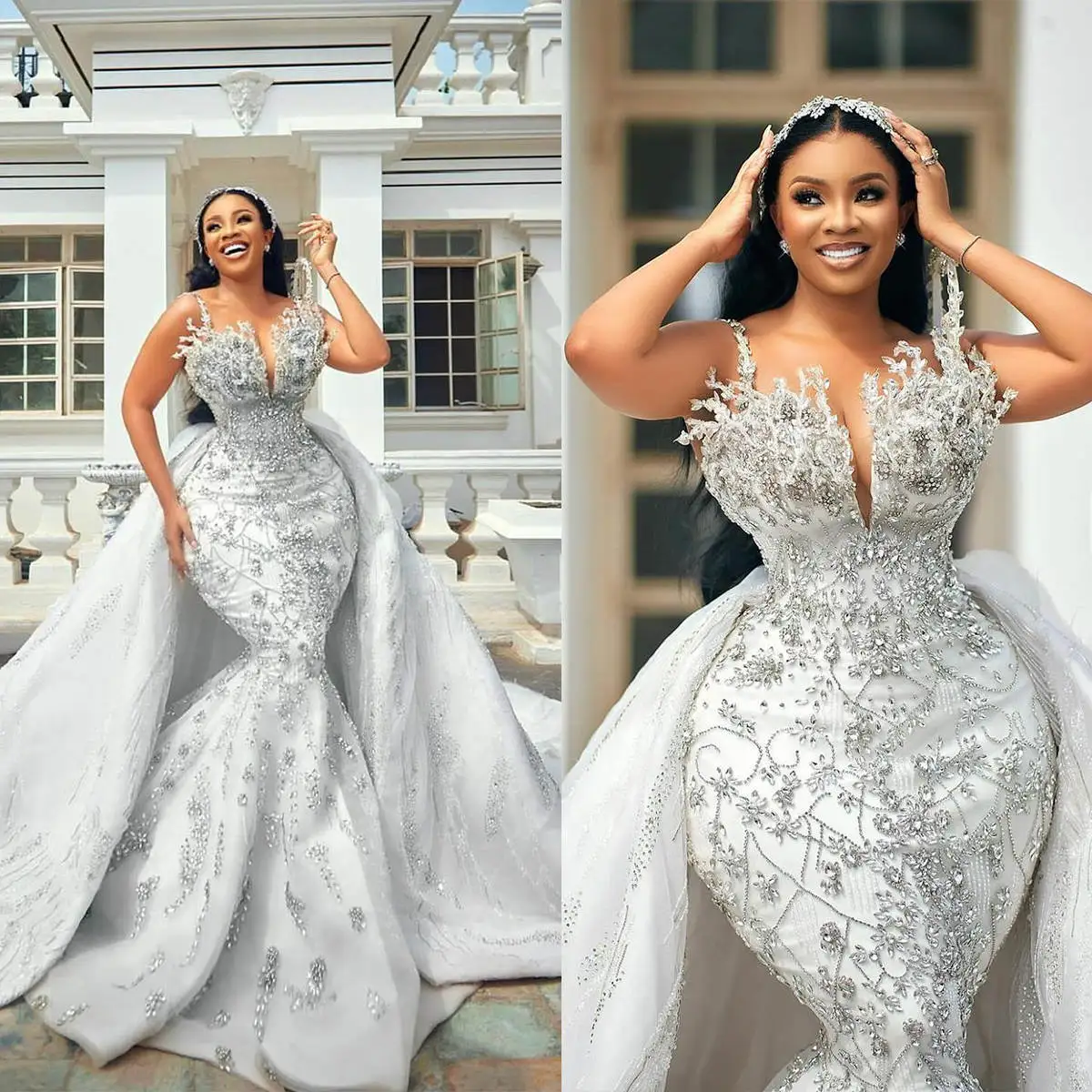 Customized African Luxury Crystal Beading Wedding Dresses With Detachable Train Full Beads Bridal Gowns Custom Made Dress