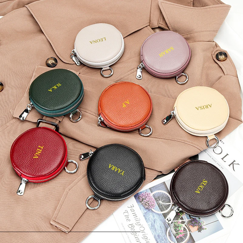 Custom Name Mini Coin Purse Genuine Leather Round Zipper Coin Bag Engrave Initials Woman Man Portable Card Holder Luxury Wallet