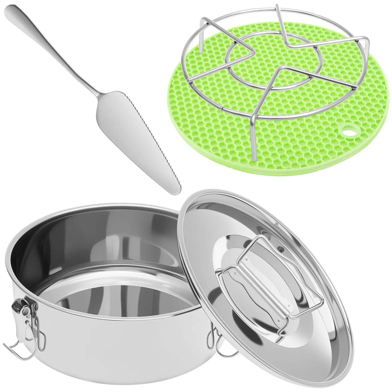 

Форма для флан с крышкой Форма для флан из нержавеющей стали 304 с лопаточкой Паровая подставка Силиконовая грелка Практичные принадлежности для выпечки торта