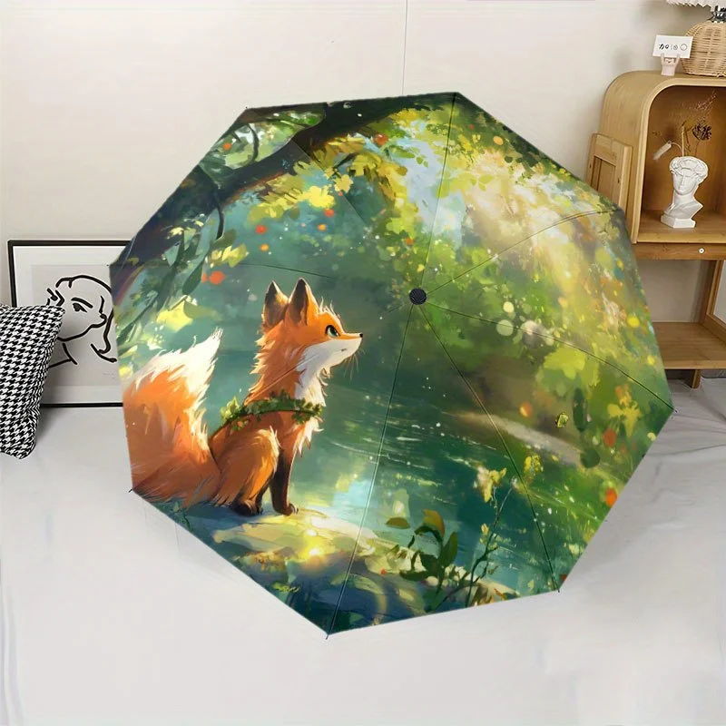 

Little Fox Automatic Open/Close Umbrella with Fox Forest Design - Folding Umbrella with 8-Rib sturdy frame, Compact Travel Umb