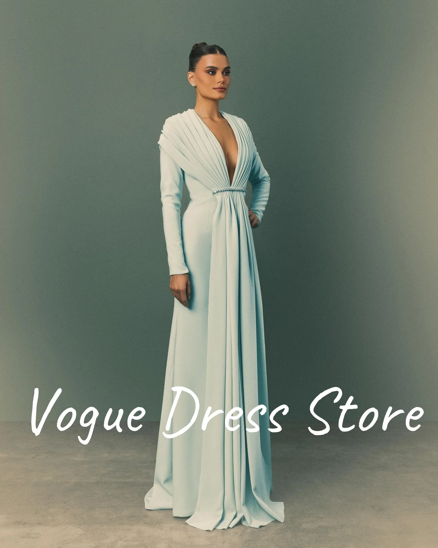 Customized High Quality Jersey Crystal Evening Dresses Temperament Long Sleeves V-Neck Prom Dress Custom Size Party Dr image 5
