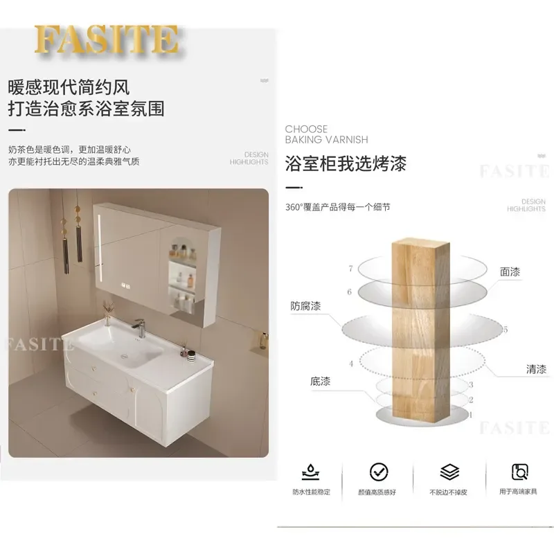 For Bathroom Solid Wood Vanity Cabinet French Cream Style Painted Door Ceramic Basin Smart Mirror Combo Storage Furniture