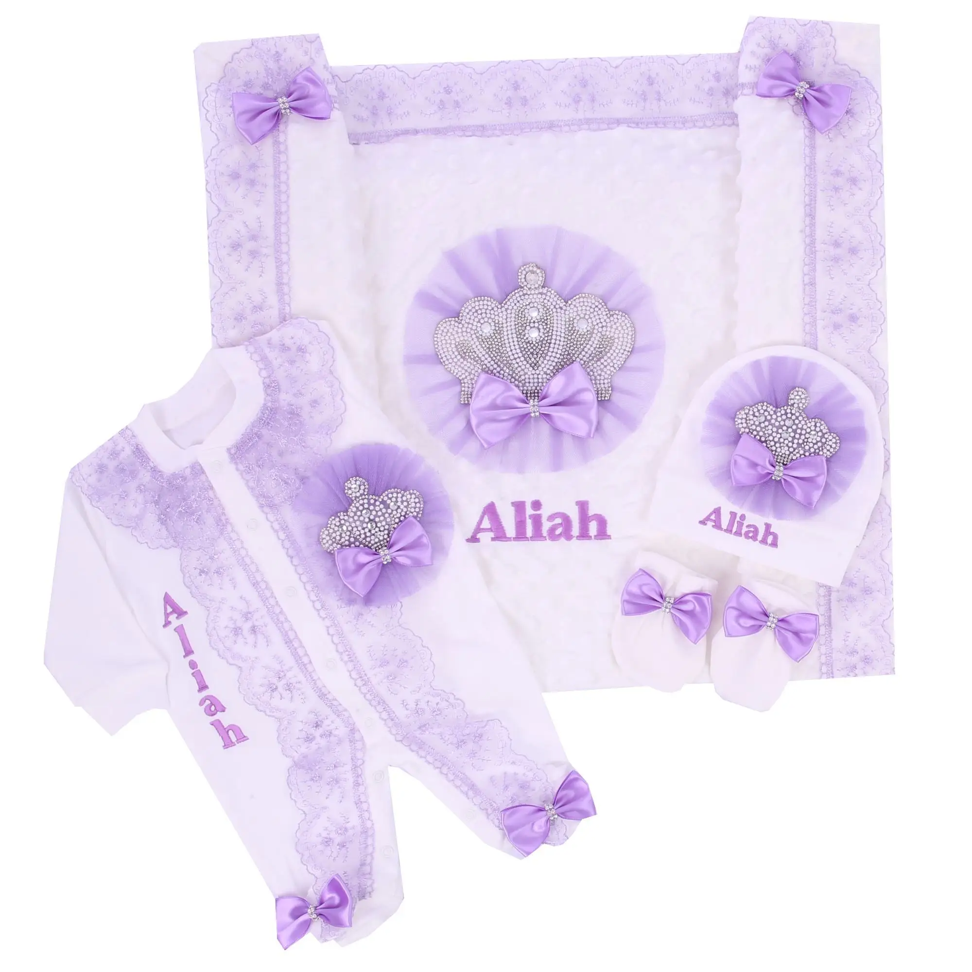 Lavender Lace 5pcs Baby Girl Layette Set Newborn Handmade Blanket Gift Box Outfits 0-3M Embroidery Jewels Crown Bonnet Parajams