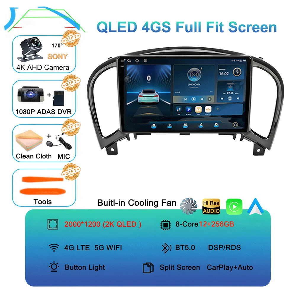 Android 16 videospeler Carplay Auto voor Nissan Juke YF15 2010 - 2014 Multimedia autoradio WiFi+4G DSP 2 DIN touchscreen