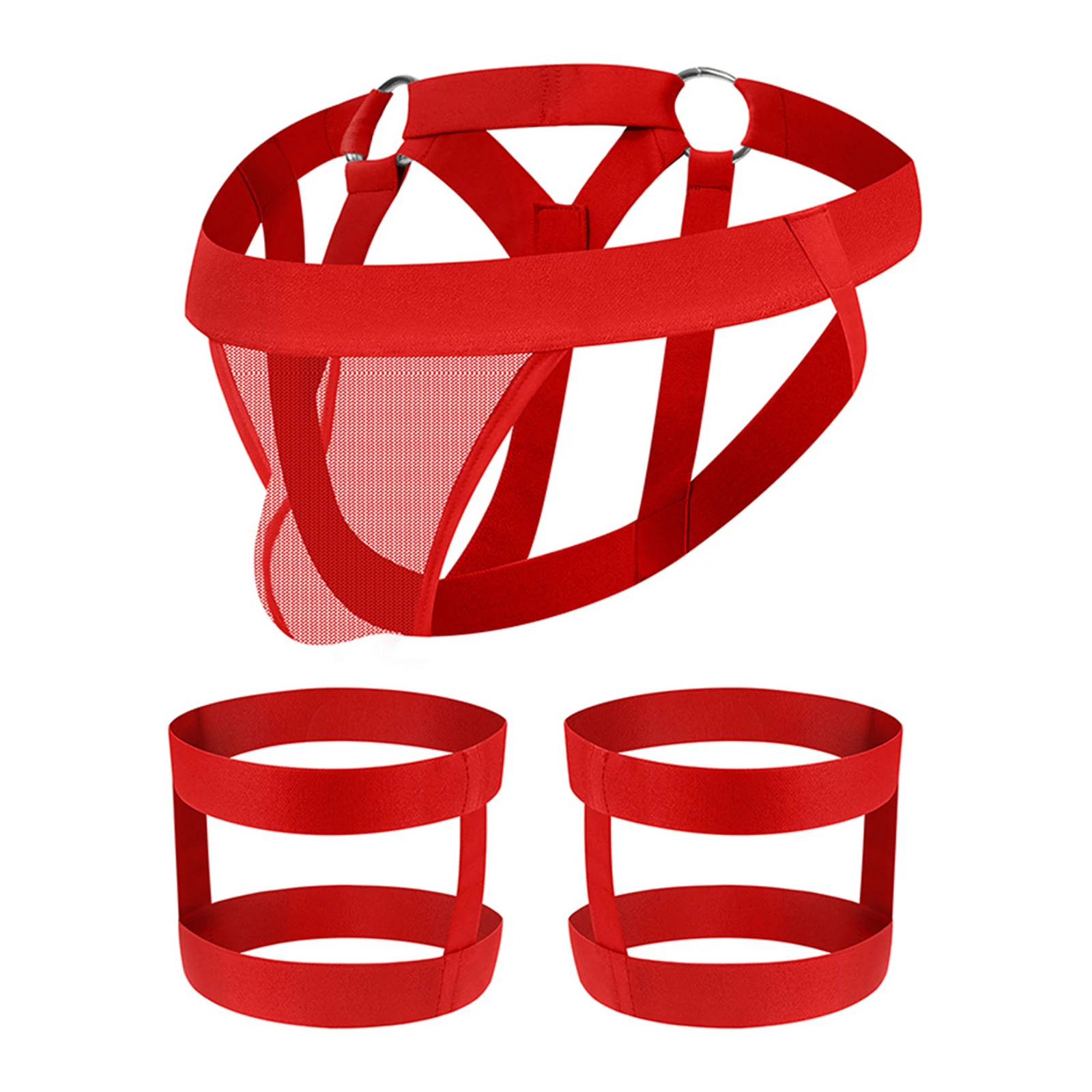 Adults Mens Sheer Mesh Jockstrap Underwear Set with O Ring Linked Harness And Thigh Bands for Night Club And Special Occasions