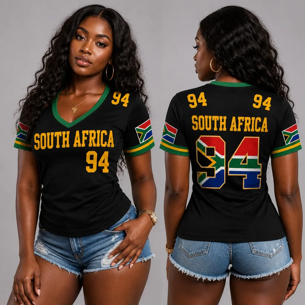 Summer Women's V-neck Short-sleeved T-shirt, Fashionable and Sexy, Printed South African Flag Pattern, Jersey Style T-shirt