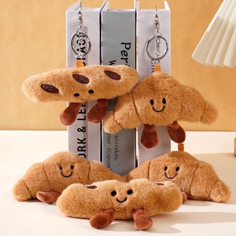 Porte-clés en peluche baguette française et croissant, série alimentaire, poupée, jouet de dessert, pain, voiture, ornement suspendu