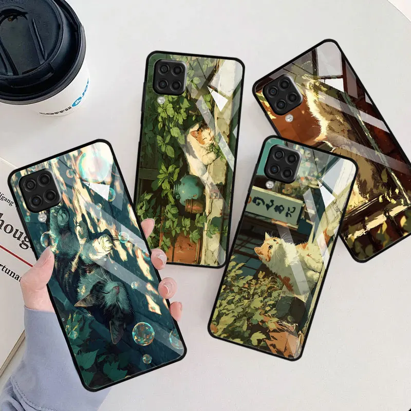 Tempered Glass Case for Samsung Galaxy A07 A50 A06 A10 A20s A03 A7 A04s A50s A04 A30 Wafu Neko Cozy Cat Corner Black Phone Cover
